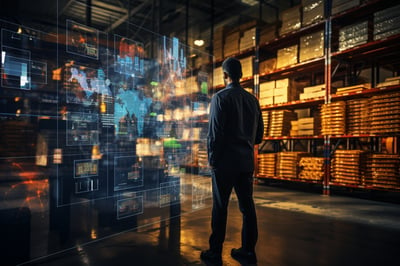 man viewing supply chain analytics in AR-powered warehouse